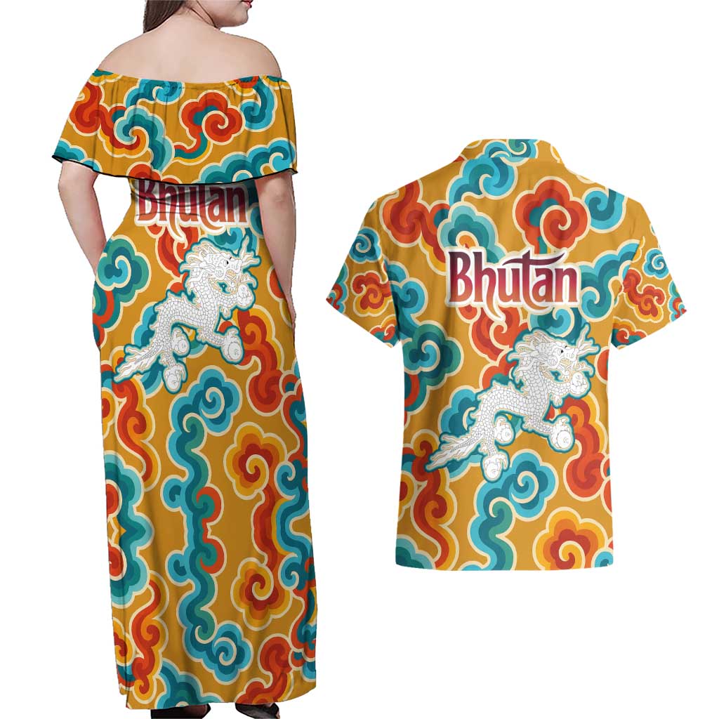 Bhutan Dragon Couples Matching Off Shoulder Maxi Dress and Hawaiian Shirt with Traditional Cloud Motif in Vibrant Himalayan Colors