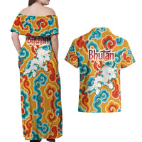 Bhutan Dragon Couples Matching Off Shoulder Maxi Dress and Hawaiian Shirt with Traditional Cloud Motif in Vibrant Himalayan Colors