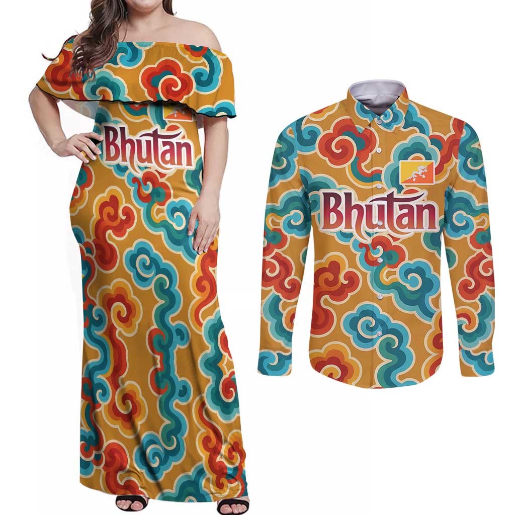 Bhutan Dragon Couples Matching Off Shoulder Maxi Dress and Long Sleeve Button Shirt with Traditional Cloud Motif in Vibrant Himalayan Colors