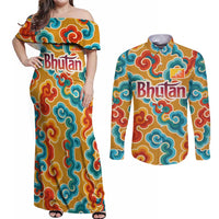 Bhutan Dragon Couples Matching Off Shoulder Maxi Dress and Long Sleeve Button Shirt with Traditional Cloud Motif in Vibrant Himalayan Colors