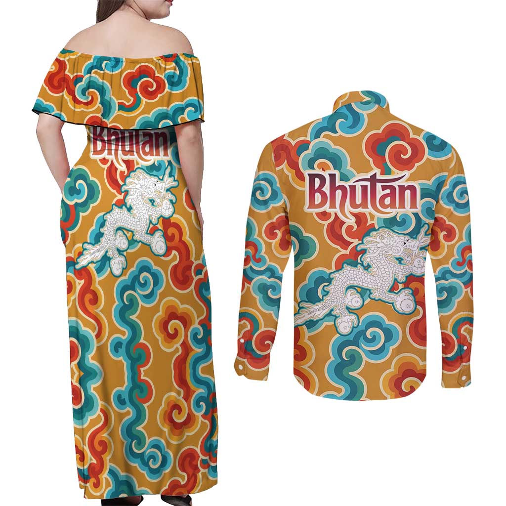 Bhutan Dragon Couples Matching Off Shoulder Maxi Dress and Long Sleeve Button Shirt with Traditional Cloud Motif in Vibrant Himalayan Colors