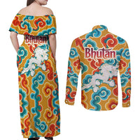 Bhutan Dragon Couples Matching Off Shoulder Maxi Dress and Long Sleeve Button Shirt with Traditional Cloud Motif in Vibrant Himalayan Colors