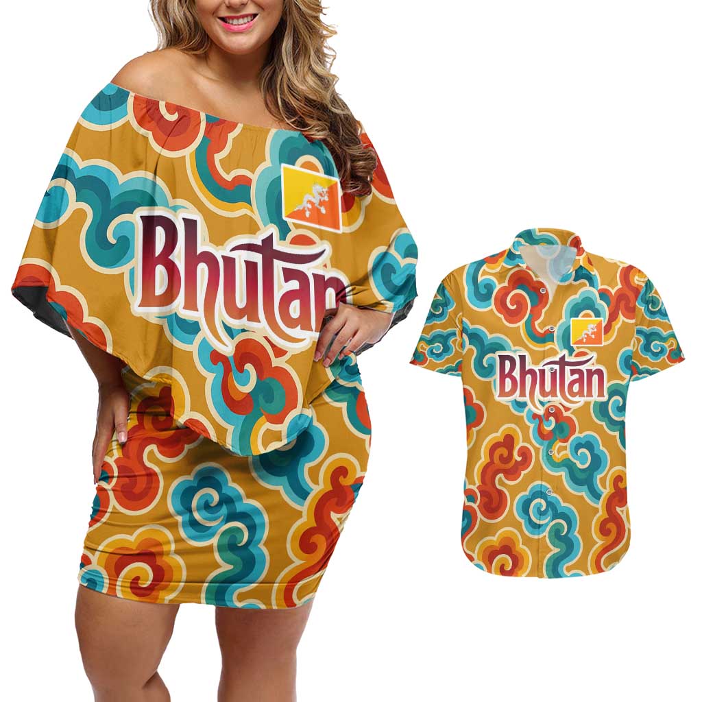 Bhutan Dragon Couples Matching Off Shoulder Short Dress and Hawaiian Shirt with Traditional Cloud Motif in Vibrant Himalayan Colors
