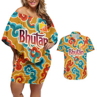 Bhutan Dragon Couples Matching Off Shoulder Short Dress and Hawaiian Shirt with Traditional Cloud Motif in Vibrant Himalayan Colors