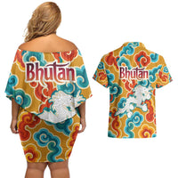 Bhutan Dragon Couples Matching Off Shoulder Short Dress and Hawaiian Shirt with Traditional Cloud Motif in Vibrant Himalayan Colors
