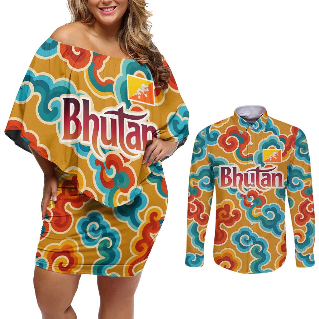 Bhutan Dragon Couples Matching Off Shoulder Short Dress and Long Sleeve Button Shirt with Traditional Cloud Motif in Vibrant Himalayan Colors