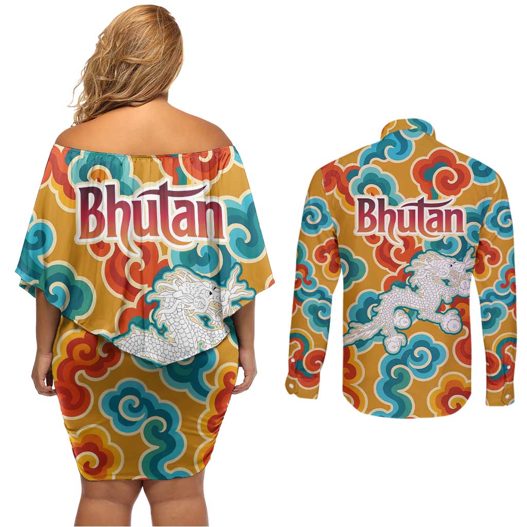 Bhutan Dragon Couples Matching Off Shoulder Short Dress and Long Sleeve Button Shirt with Traditional Cloud Motif in Vibrant Himalayan Colors