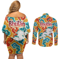 Bhutan Dragon Couples Matching Off Shoulder Short Dress and Long Sleeve Button Shirt with Traditional Cloud Motif in Vibrant Himalayan Colors