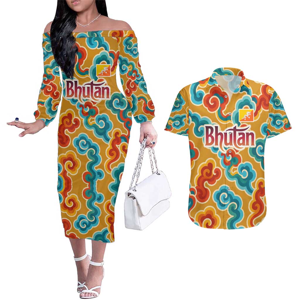 Bhutan Dragon Couples Matching Off The Shoulder Long Sleeve Dress and Hawaiian Shirt with Traditional Cloud Motif in Vibrant Himalayan Colors