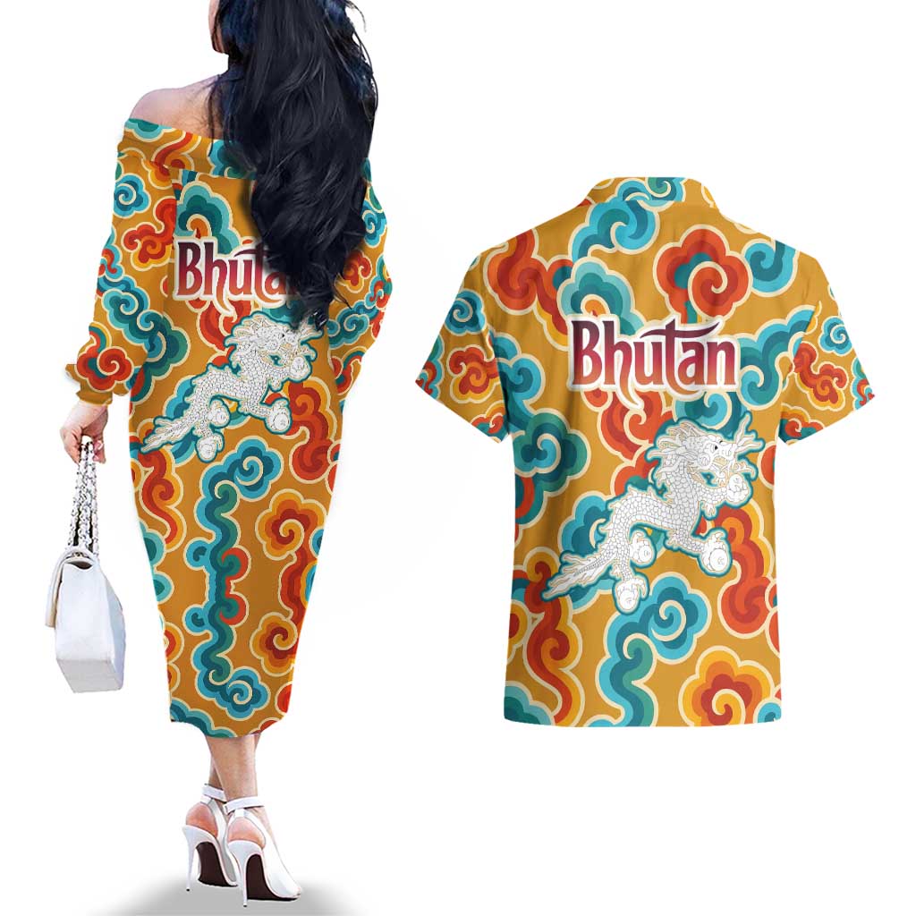 Bhutan Dragon Couples Matching Off The Shoulder Long Sleeve Dress and Hawaiian Shirt with Traditional Cloud Motif in Vibrant Himalayan Colors