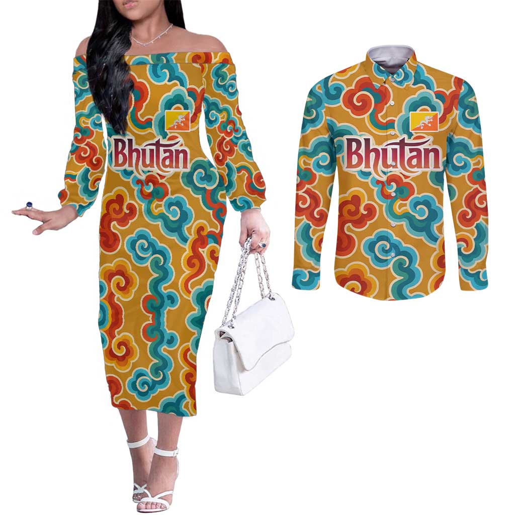 Bhutan Dragon Couples Matching Off The Shoulder Long Sleeve Dress and Long Sleeve Button Shirt with Traditional Cloud Motif in Vibrant Himalayan Colors