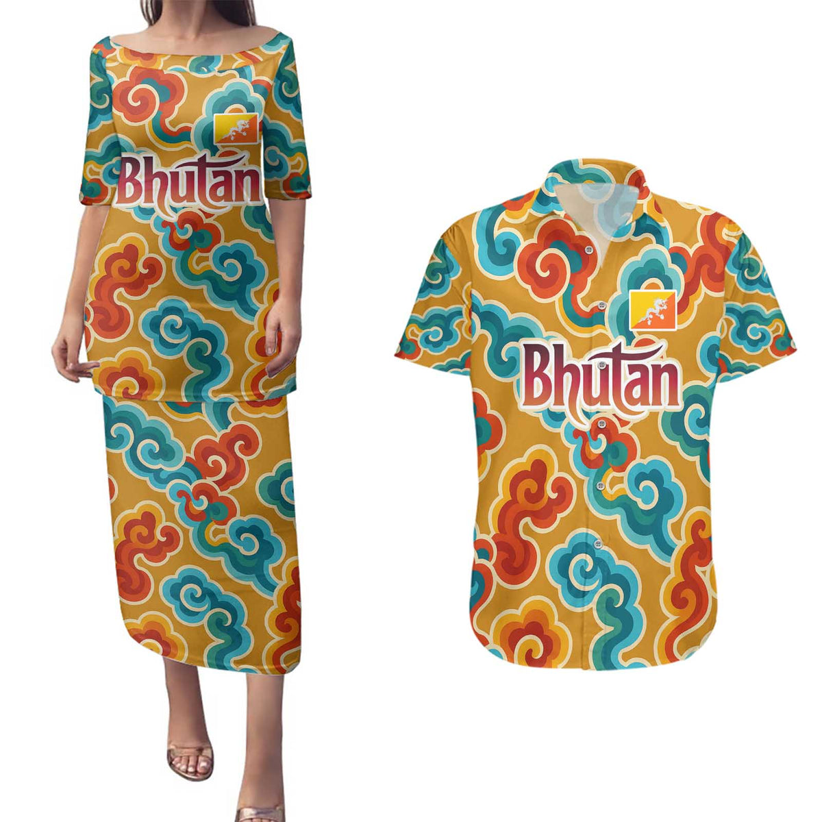 Bhutan Dragon Couples Matching Puletasi and Hawaiian Shirt with Traditional Cloud Motif in Vibrant Himalayan Colors