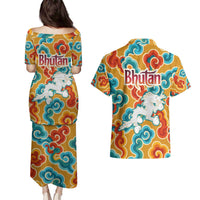 Bhutan Dragon Couples Matching Puletasi and Hawaiian Shirt with Traditional Cloud Motif in Vibrant Himalayan Colors