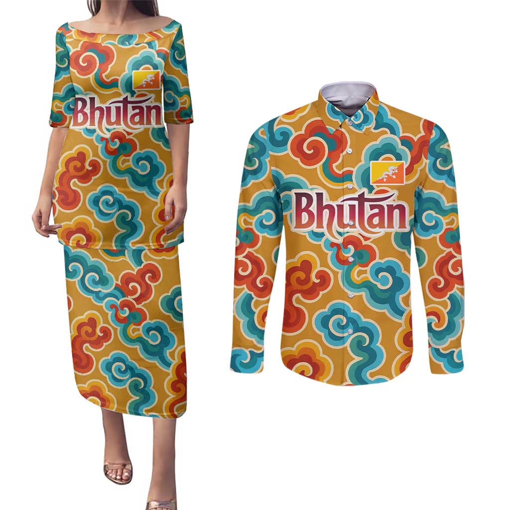 Bhutan Dragon Couples Matching Puletasi and Long Sleeve Button Shirt with Traditional Cloud Motif in Vibrant Himalayan Colors