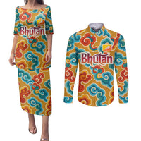 Bhutan Dragon Couples Matching Puletasi and Long Sleeve Button Shirt with Traditional Cloud Motif in Vibrant Himalayan Colors
