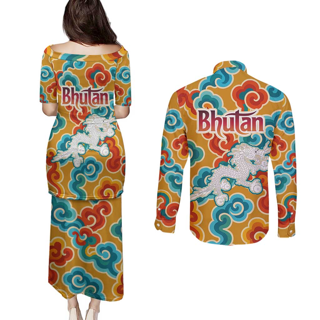 Bhutan Dragon Couples Matching Puletasi and Long Sleeve Button Shirt with Traditional Cloud Motif in Vibrant Himalayan Colors