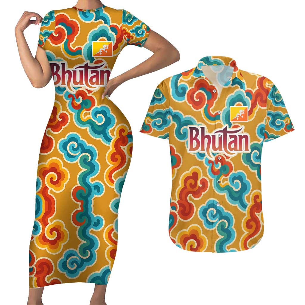 Bhutan Dragon Couples Matching Short Sleeve Bodycon Dress and Hawaiian Shirt with Traditional Cloud Motif in Vibrant Himalayan Colors