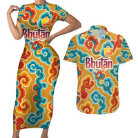 Bhutan Dragon Couples Matching Short Sleeve Bodycon Dress and Hawaiian Shirt with Traditional Cloud Motif in Vibrant Himalayan Colors