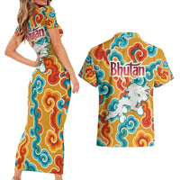Bhutan Dragon Couples Matching Short Sleeve Bodycon Dress and Hawaiian Shirt with Traditional Cloud Motif in Vibrant Himalayan Colors