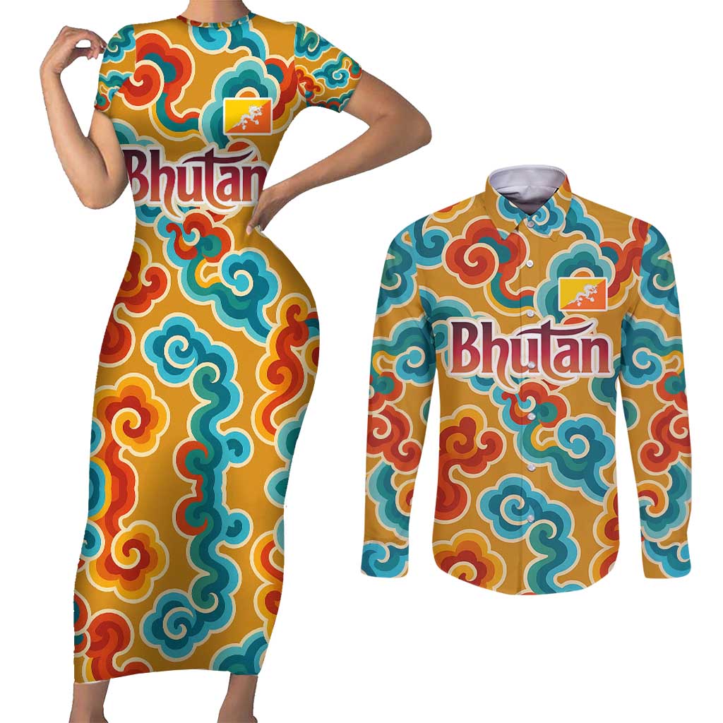 Bhutan Dragon Couples Matching Short Sleeve Bodycon Dress and Long Sleeve Button Shirt with Traditional Cloud Motif in Vibrant Himalayan Colors