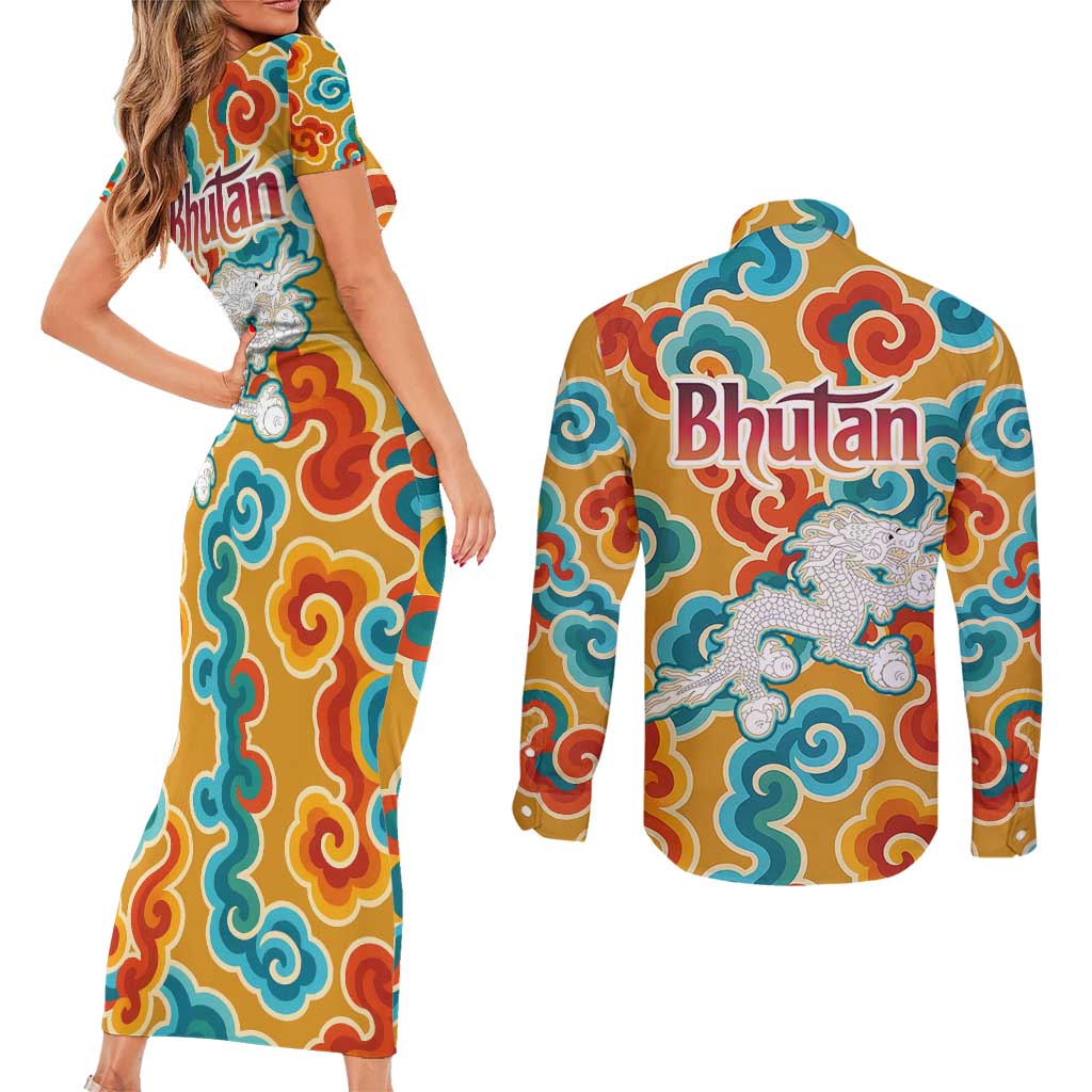 Bhutan Dragon Couples Matching Short Sleeve Bodycon Dress and Long Sleeve Button Shirt with Traditional Cloud Motif in Vibrant Himalayan Colors