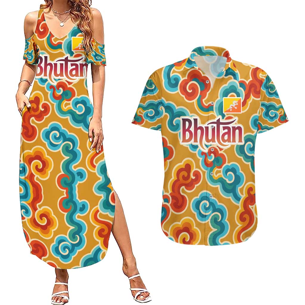 Bhutan Dragon Couples Matching Summer Maxi Dress and Hawaiian Shirt with Traditional Cloud Motif in Vibrant Himalayan Colors