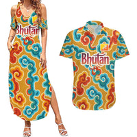 Bhutan Dragon Couples Matching Summer Maxi Dress and Hawaiian Shirt with Traditional Cloud Motif in Vibrant Himalayan Colors