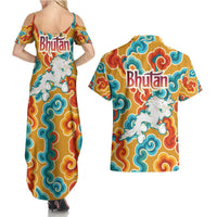 Bhutan Dragon Couples Matching Summer Maxi Dress and Hawaiian Shirt with Traditional Cloud Motif in Vibrant Himalayan Colors