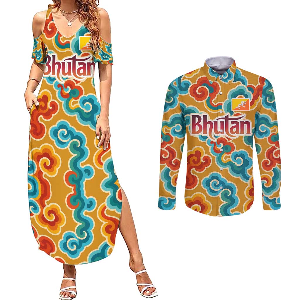 Bhutan Dragon Couples Matching Summer Maxi Dress and Long Sleeve Button Shirt with Traditional Cloud Motif in Vibrant Himalayan Colors