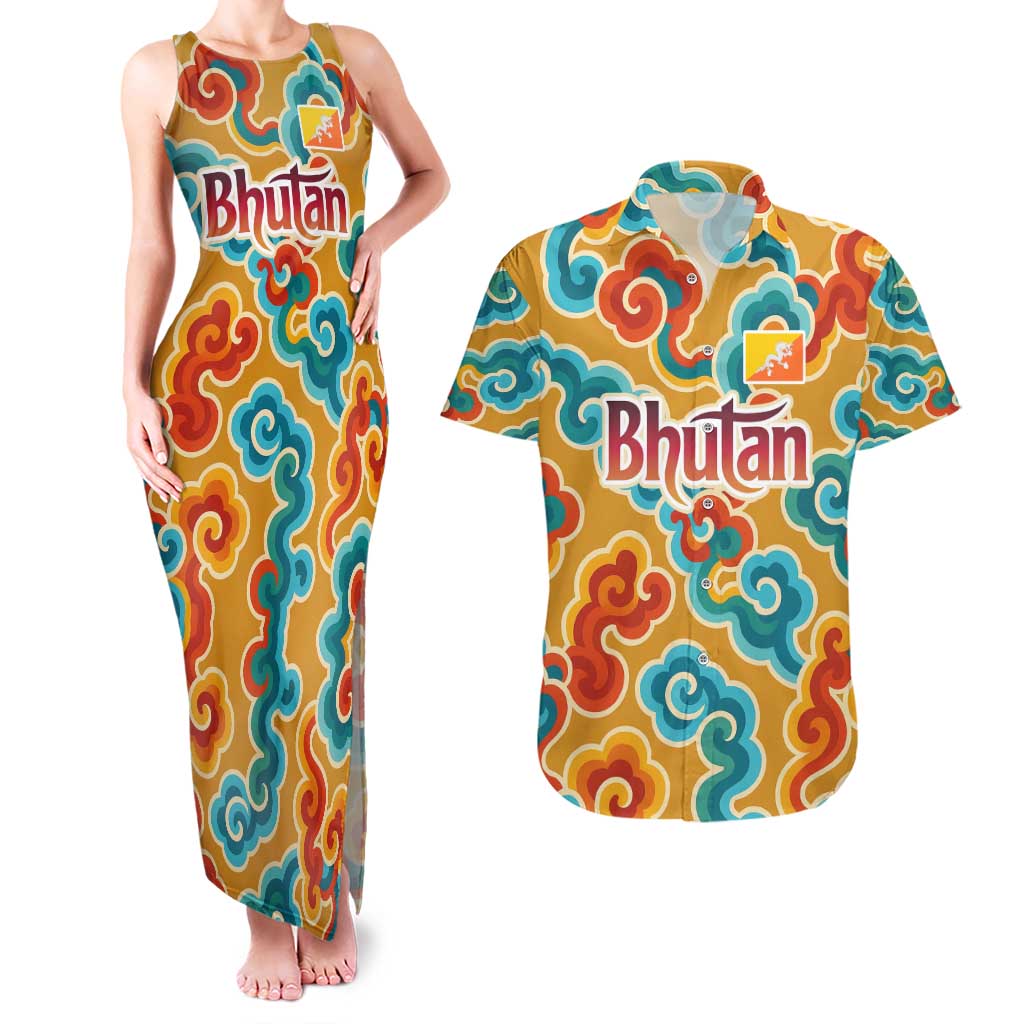 Bhutan Dragon Couples Matching Tank Maxi Dress and Hawaiian Shirt with Traditional Cloud Motif in Vibrant Himalayan Colors