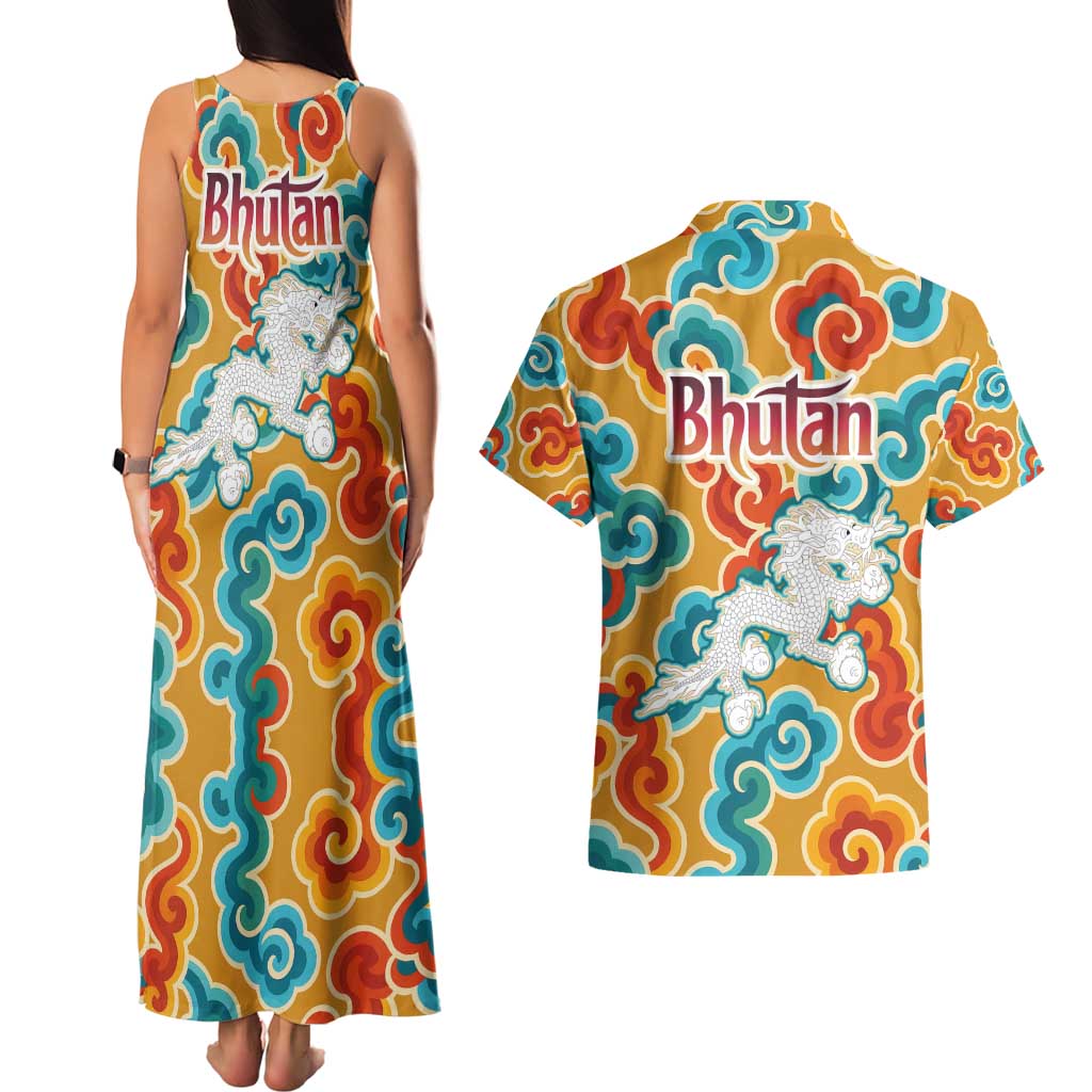 Bhutan Dragon Couples Matching Tank Maxi Dress and Hawaiian Shirt with Traditional Cloud Motif in Vibrant Himalayan Colors