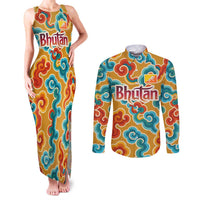 Bhutan Dragon Couples Matching Tank Maxi Dress and Long Sleeve Button Shirt with Traditional Cloud Motif in Vibrant Himalayan Colors