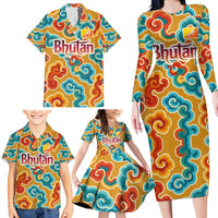 Bhutan Dragon Family Matching Long Sleeve Bodycon Dress and Hawaiian Shirt with Traditional Cloud Motif in Vibrant Himalayan Colors