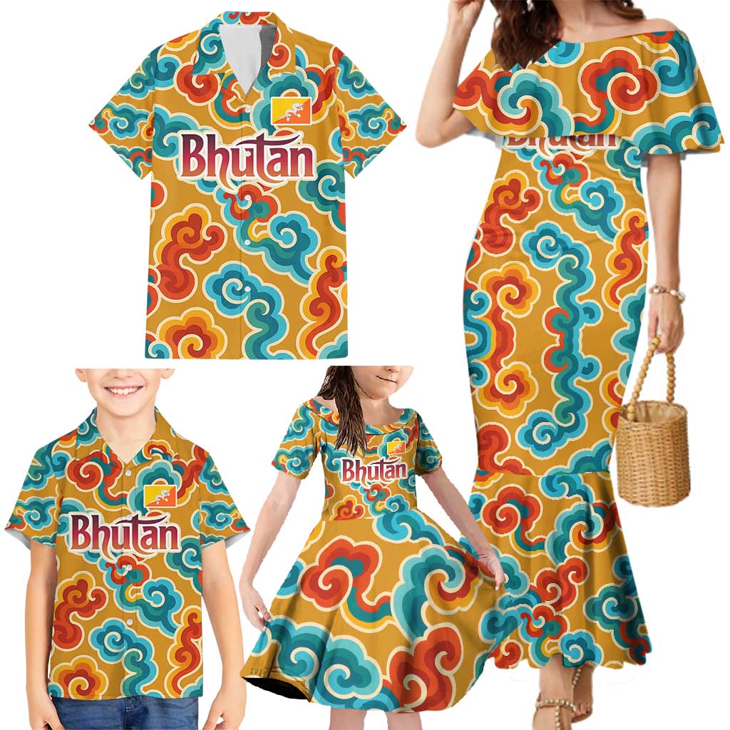 Bhutan Dragon Family Matching Mermaid Dress and Hawaiian Shirt with Traditional Cloud Motif in Vibrant Himalayan Colors