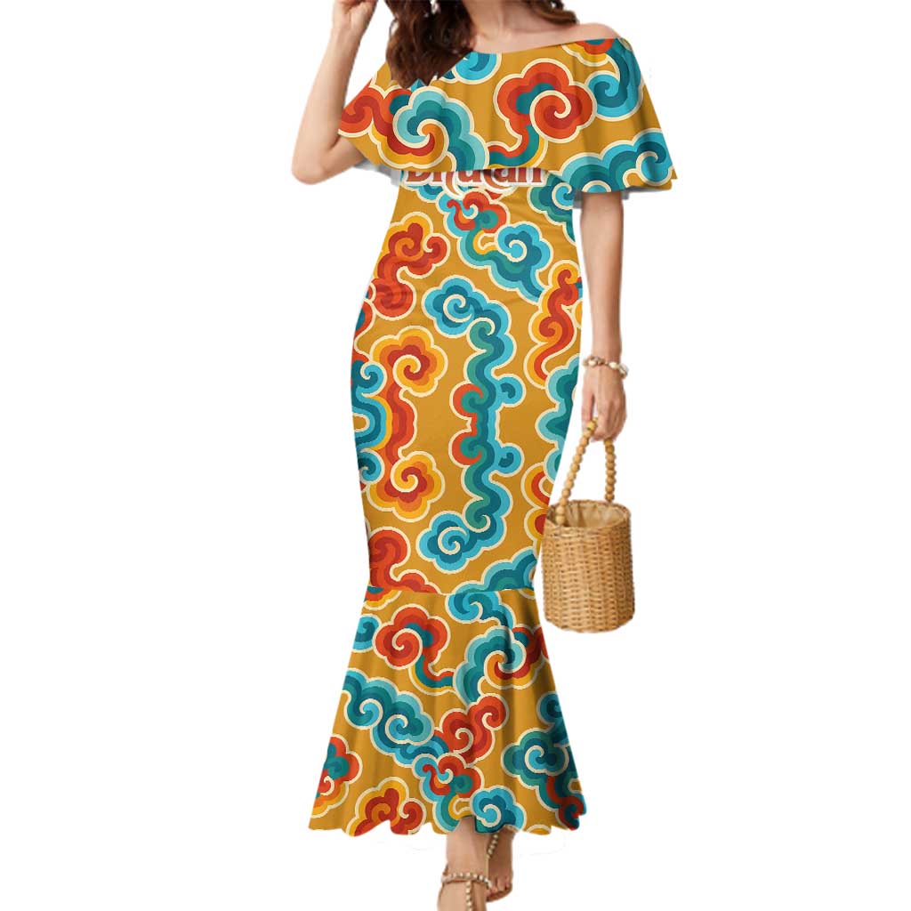 Bhutan Dragon Family Matching Mermaid Dress and Hawaiian Shirt with Traditional Cloud Motif in Vibrant Himalayan Colors