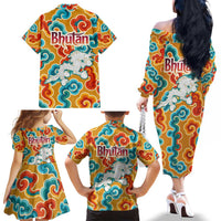 Bhutan Dragon Family Matching Off The Shoulder Long Sleeve Dress and Hawaiian Shirt with Traditional Cloud Motif in Vibrant Himalayan Colors