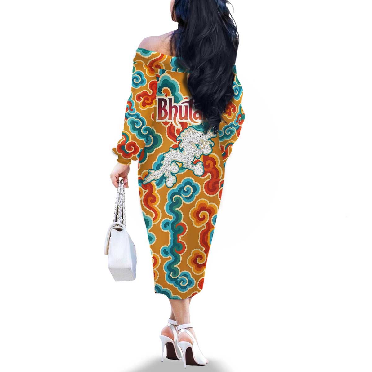 Bhutan Dragon Family Matching Off The Shoulder Long Sleeve Dress and Hawaiian Shirt with Traditional Cloud Motif in Vibrant Himalayan Colors