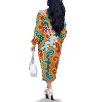 Bhutan Dragon Family Matching Off The Shoulder Long Sleeve Dress and Hawaiian Shirt with Traditional Cloud Motif in Vibrant Himalayan Colors