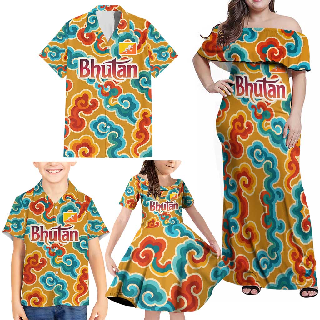 Bhutan Dragon Family Matching Off Shoulder Maxi Dress and Hawaiian Shirt with Traditional Cloud Motif in Vibrant Himalayan Colors