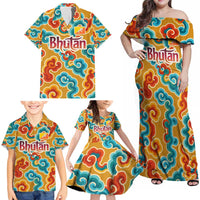 Bhutan Dragon Family Matching Off Shoulder Maxi Dress and Hawaiian Shirt with Traditional Cloud Motif in Vibrant Himalayan Colors