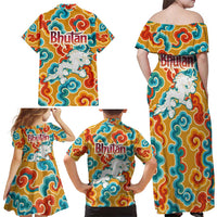 Bhutan Dragon Family Matching Off Shoulder Maxi Dress and Hawaiian Shirt with Traditional Cloud Motif in Vibrant Himalayan Colors