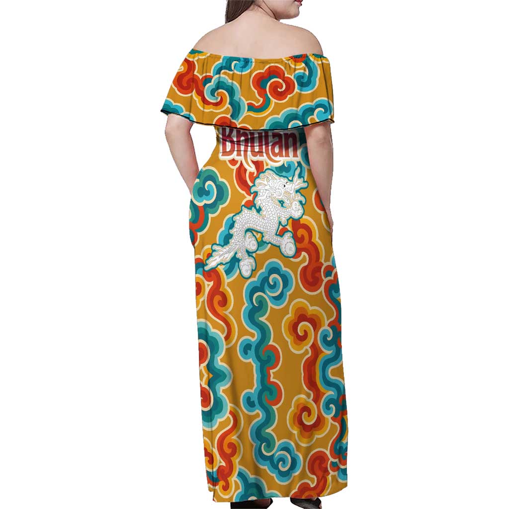Bhutan Dragon Family Matching Off Shoulder Maxi Dress and Hawaiian Shirt with Traditional Cloud Motif in Vibrant Himalayan Colors