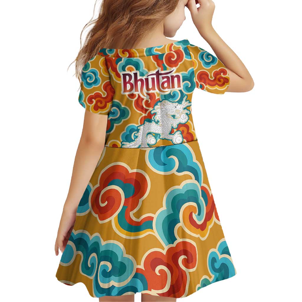 Bhutan Dragon Family Matching Off Shoulder Short Dress and Hawaiian Shirt with Traditional Cloud Motif in Vibrant Himalayan Colors