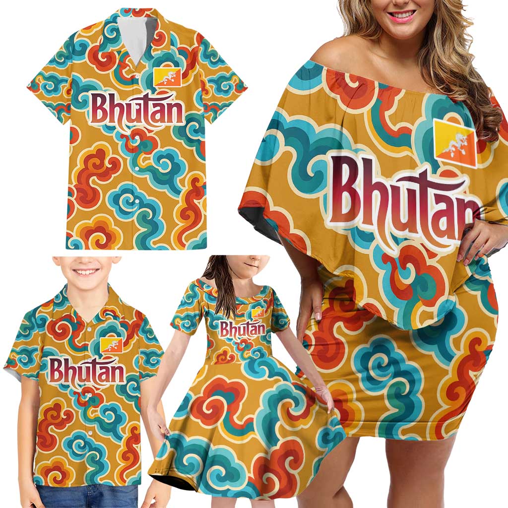 Bhutan Dragon Family Matching Off Shoulder Short Dress and Hawaiian Shirt with Traditional Cloud Motif in Vibrant Himalayan Colors
