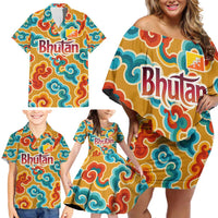 Bhutan Dragon Family Matching Off Shoulder Short Dress and Hawaiian Shirt with Traditional Cloud Motif in Vibrant Himalayan Colors
