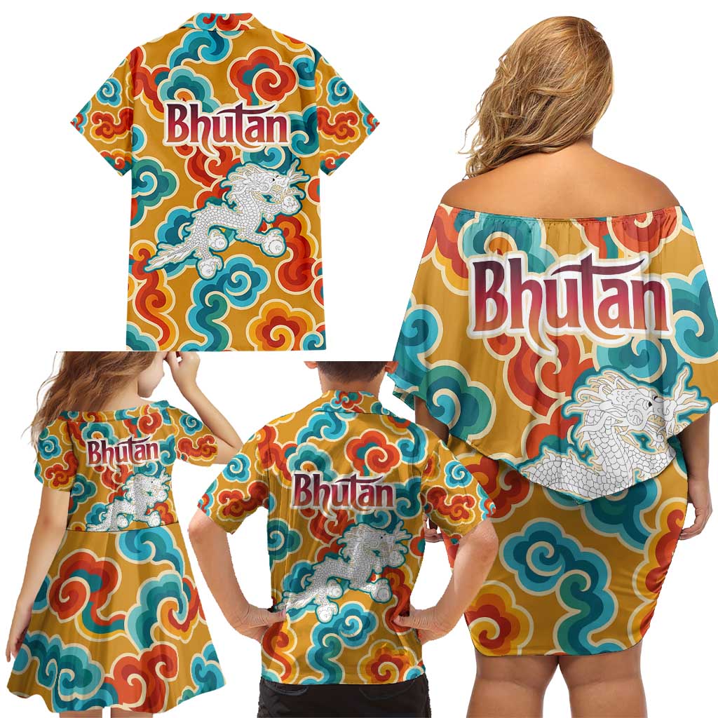 Bhutan Dragon Family Matching Off Shoulder Short Dress and Hawaiian Shirt with Traditional Cloud Motif in Vibrant Himalayan Colors