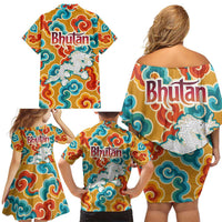 Bhutan Dragon Family Matching Off Shoulder Short Dress and Hawaiian Shirt with Traditional Cloud Motif in Vibrant Himalayan Colors