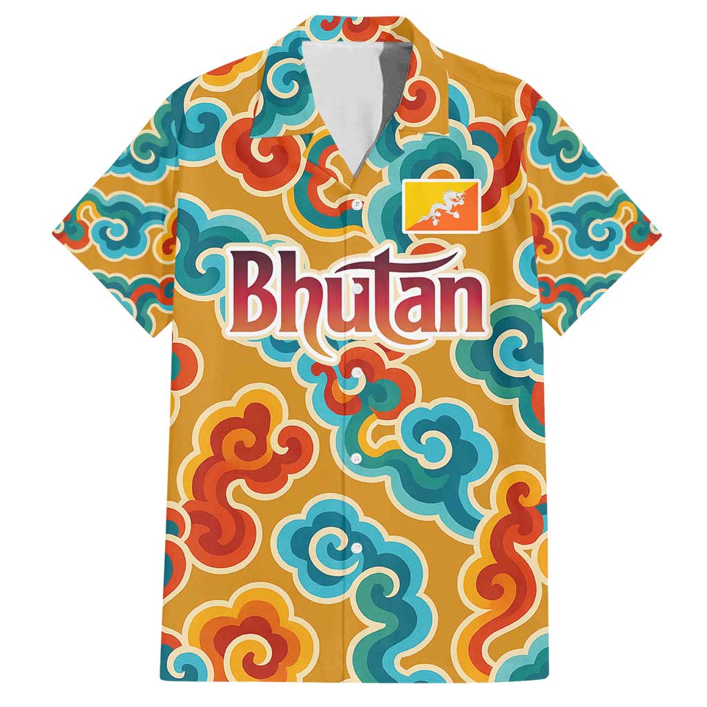 Bhutan Dragon Family Matching Off Shoulder Short Dress and Hawaiian Shirt with Traditional Cloud Motif in Vibrant Himalayan Colors