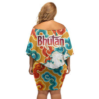 Bhutan Dragon Family Matching Off Shoulder Short Dress and Hawaiian Shirt with Traditional Cloud Motif in Vibrant Himalayan Colors