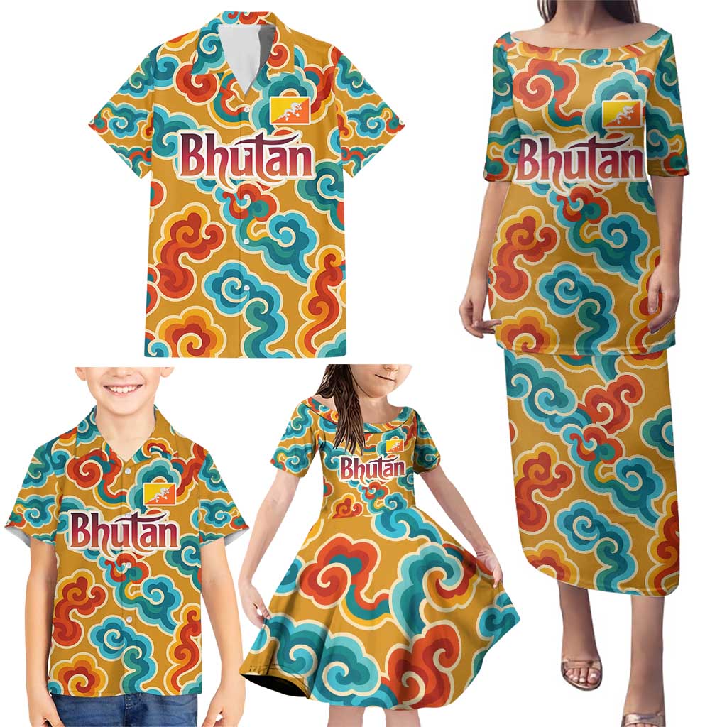 Bhutan Dragon Family Matching Puletasi and Hawaiian Shirt with Traditional Cloud Motif in Vibrant Himalayan Colors